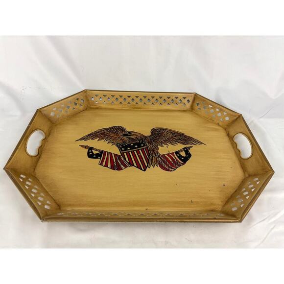 Vintage Patriotic Tray with Handles American Flag Eagle Metal Serving Decor Tray - Picture 7 of 8